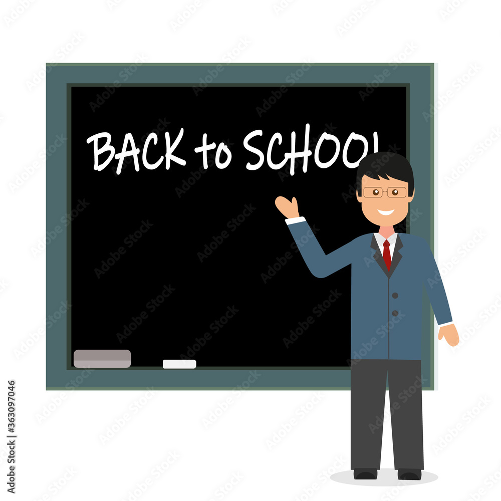 male teacher at the blackboard in flat style, white background, color vector illustration, design, decoration, banner, poster male teacher at the blackboard in flat style, white background, color vector illustration, design, decoration, banner, poster
