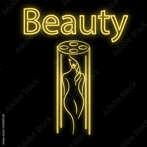 Bright luminous yellow neon sign for a tanning bed of a beauty salon and a tan beautiful brilliant beauty spa with a woman sunbathing on a black background. Vector illustration