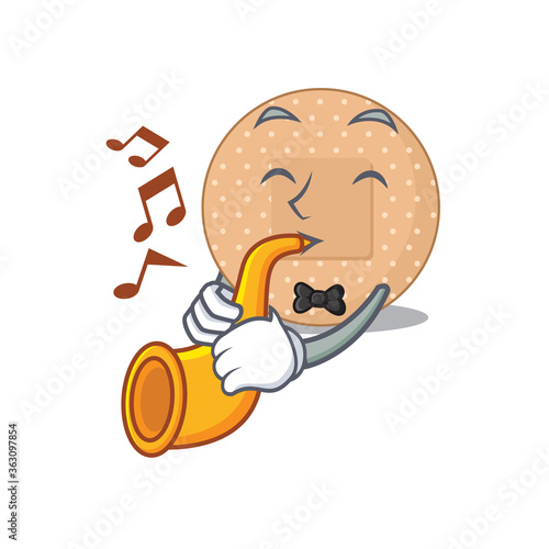 Rounded bandage musician of cartoon picture playing a trumpet on stage