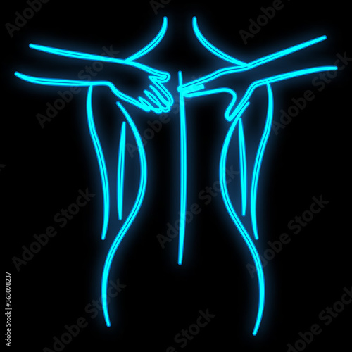 Bright luminous blue neon sign for a massage parlor is a beautiful brilliant beauty spa with a woman who is doing masses on a black background. Vector illustration