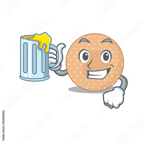 A cartoon concept of rounded bandage toast with a glass of beer