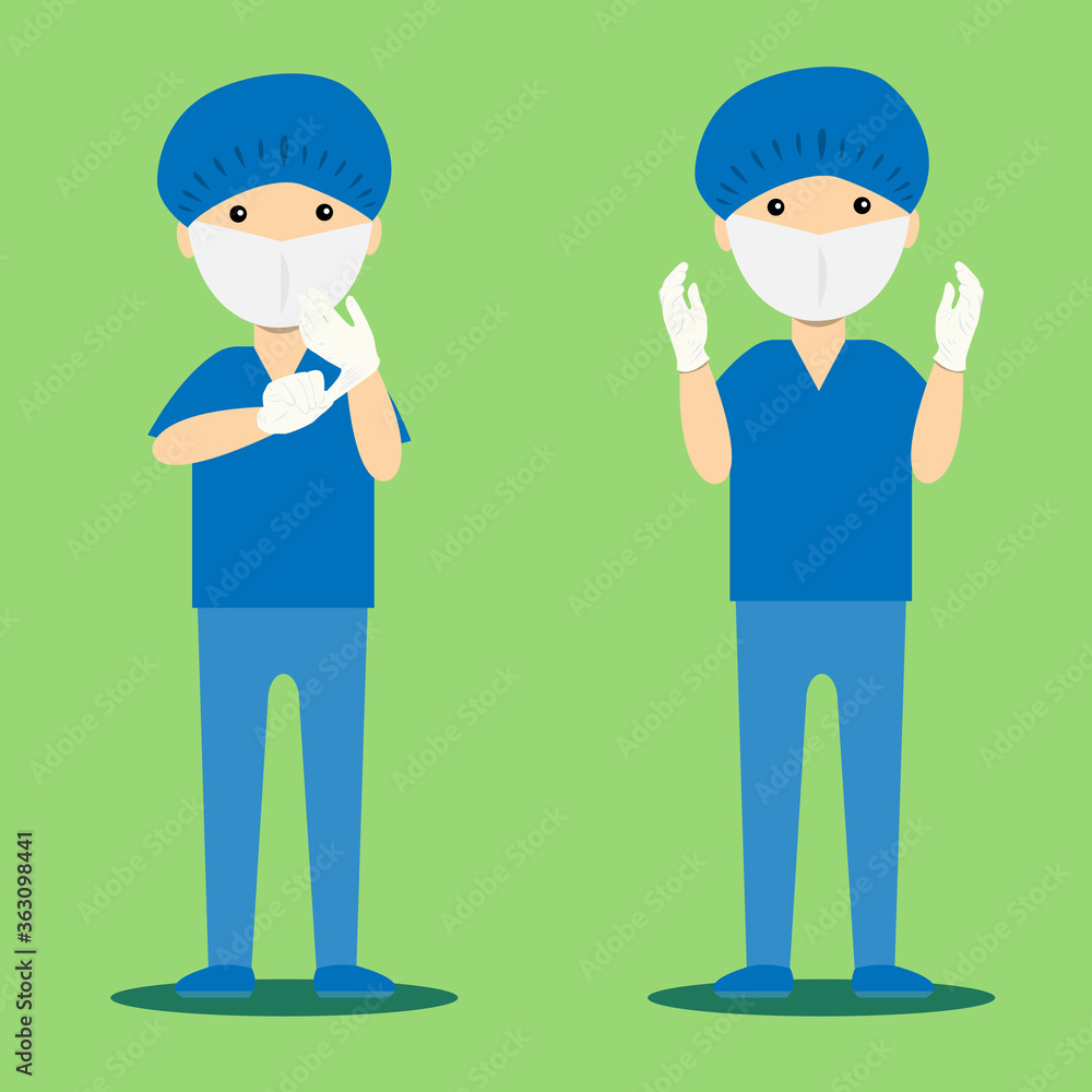 Doctor in blue suit wearing white rubber gloves and hairnet,showing his hands for preparing surgery vector Doctor in blue suit wearing white rubber gloves and hairnet,showing his hands for preparing surgery vector