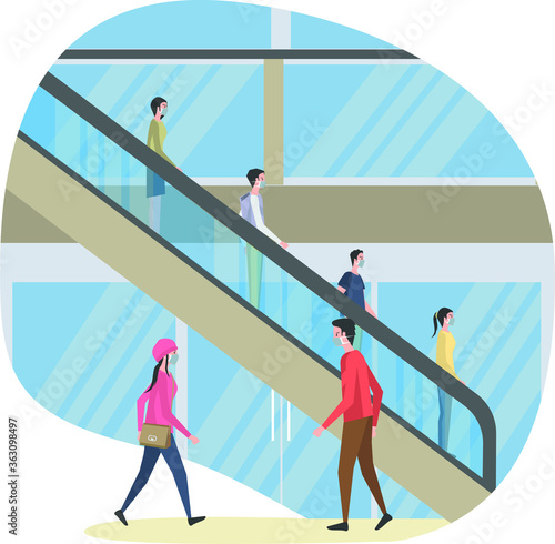Peoples are using escalator in mall while keeping their distance illustration