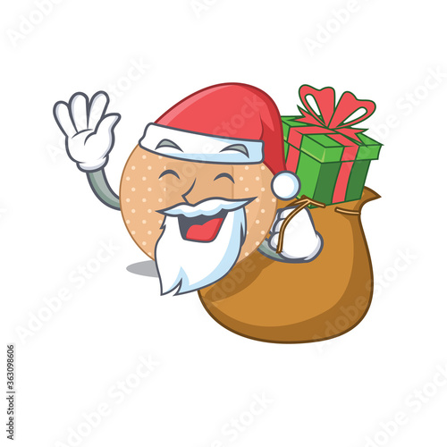 Cartoon design of rounded bandage Santa having Christmas gift