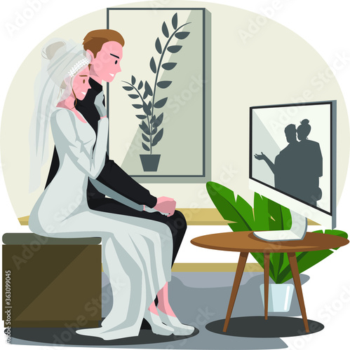 Couple are having online wedding ceremony via video call with their relatives