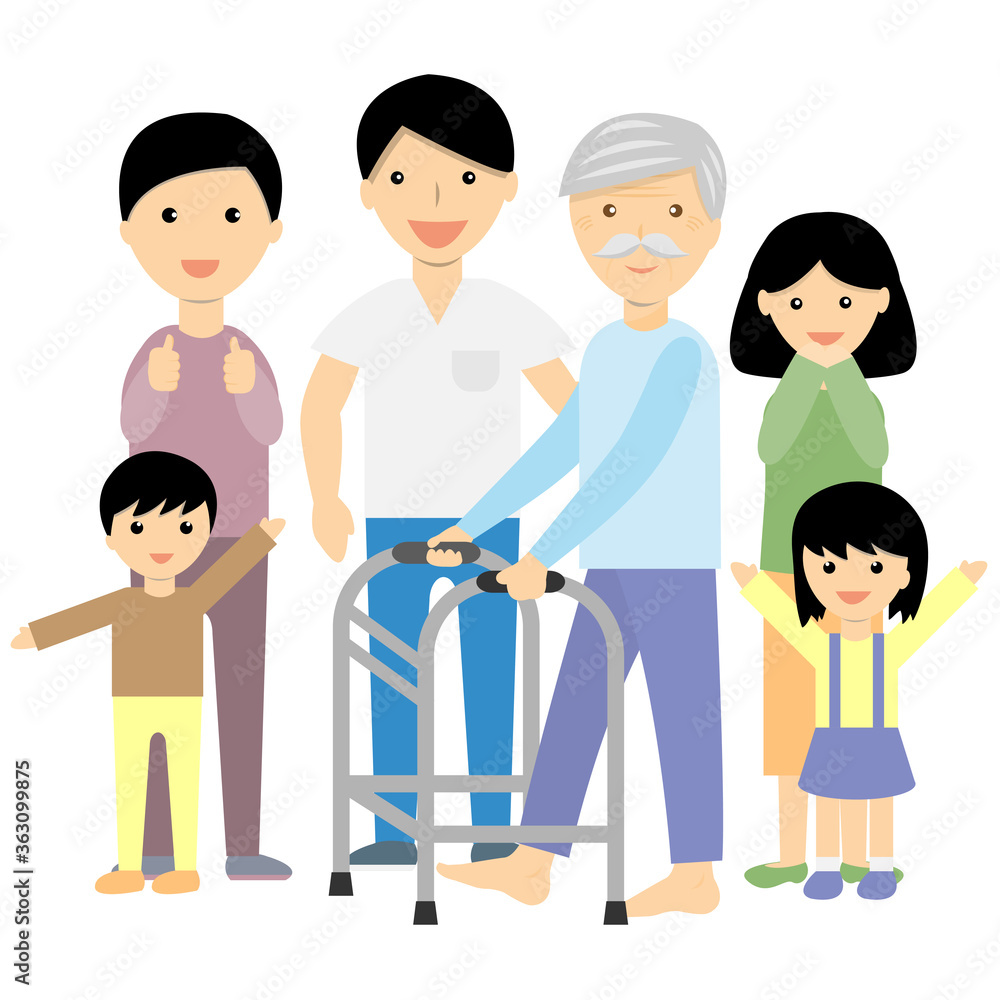family supporting grandfather to use a walker to walk vector