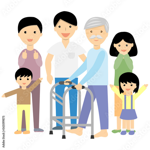 family supporting grandfather to use a walker to walk vector