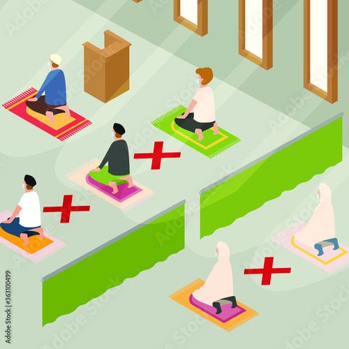 Peoples are keeping their distance while praying at mosque