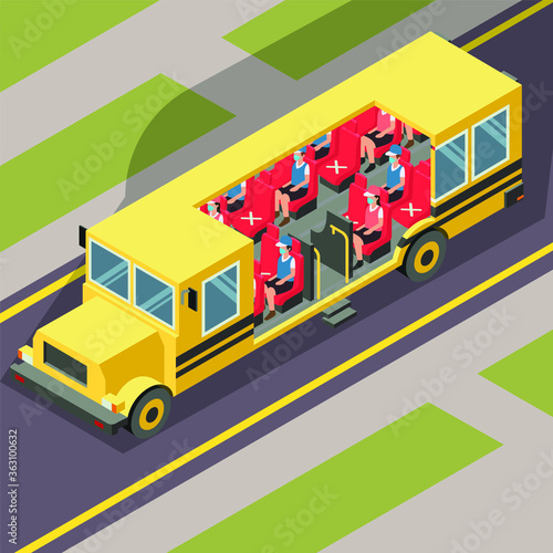 Students are keeping their distance while using school bus during new normal