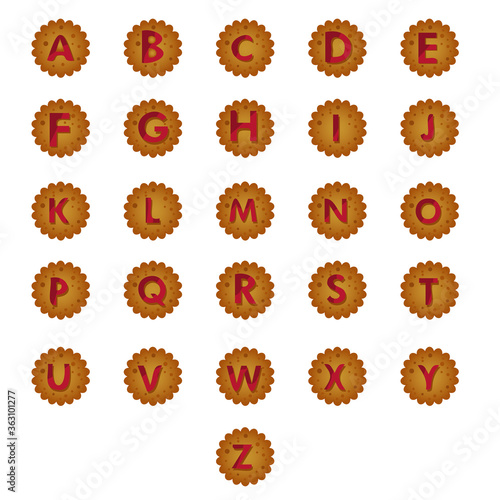 Cookies font.Vector illustration in cartoon style. Round delicious cookies with letters inside. Delicious alphabet is isolated on a white background.set of letters written from the jam on the biscuits