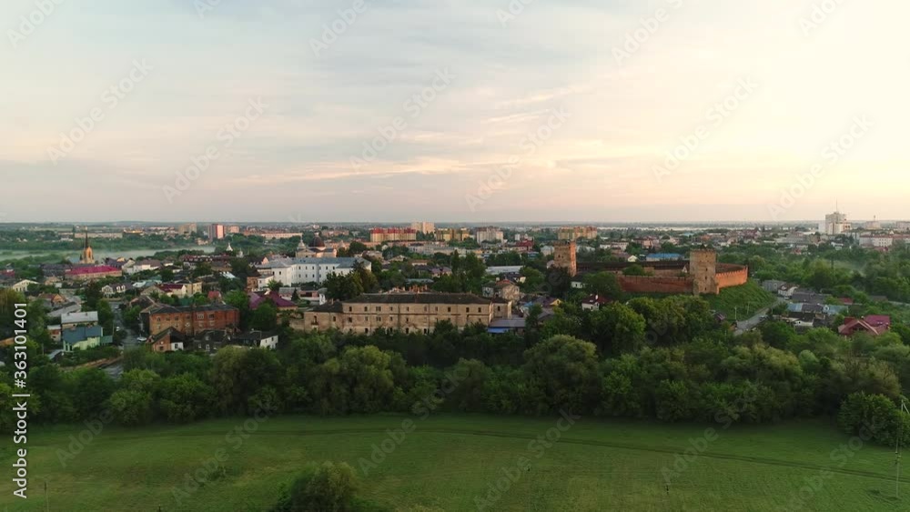Morning summer view of the old part of Lutsk. Ukraine. Aerial view. Morning summer view of the old part of Lutsk. Ukraine. Aerial view.