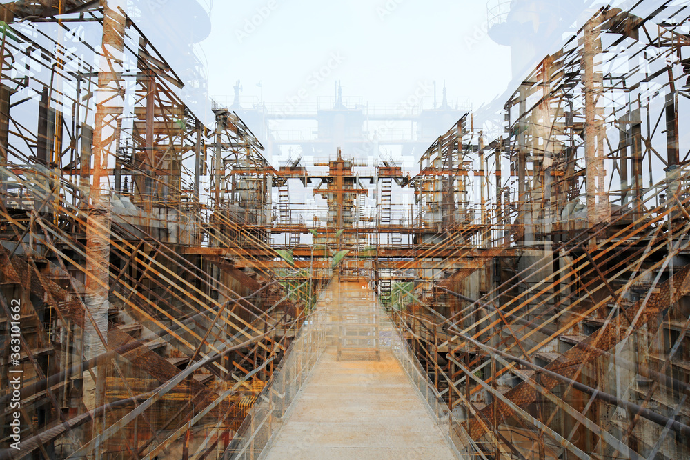 Unused and abandoned metal pipes in factories