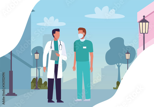 group of doctors wearing medical masks on the street