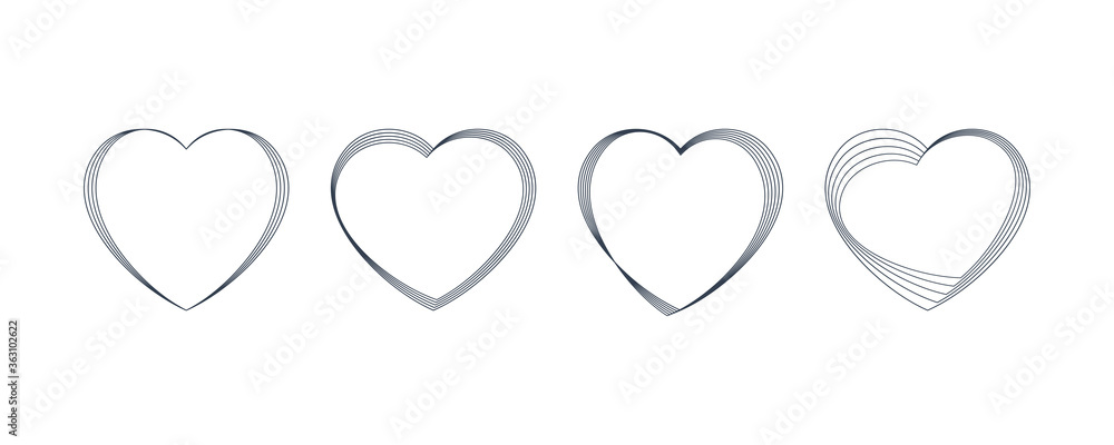Set of Heart Shapes. Hand Drawn Geometric Hearts in Lines Style isolated on White Background. Flat Vector Decorative Design Template Elements.