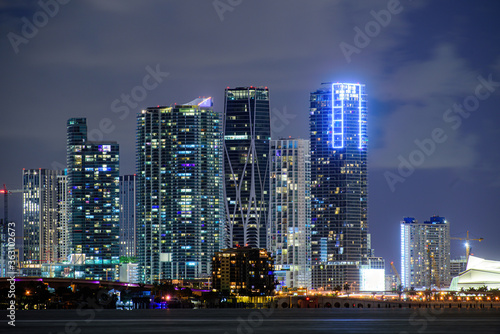 Miami night. Miami business district  lights and reflections of the city.