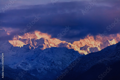 Kangchenjunga close up view from Pelling in Sikkim  India. Kangchenjunga is the third highest mountain in the world.