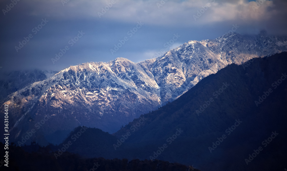 Kangchenjunga close up view from Pelling in Sikkim, India. Kangchenjunga is the third highest mountain in the world.