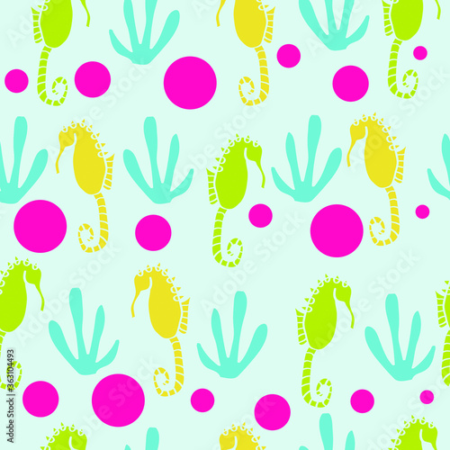 Vector seahorse and plant seamless pattern design. Perfect for decorative projects and fabrics. © MaPazVictoria