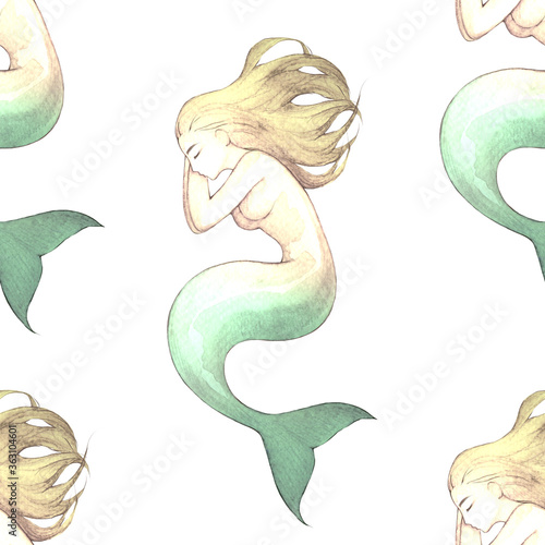 Elegant watercolor mermaids in retro style as a seamless texture