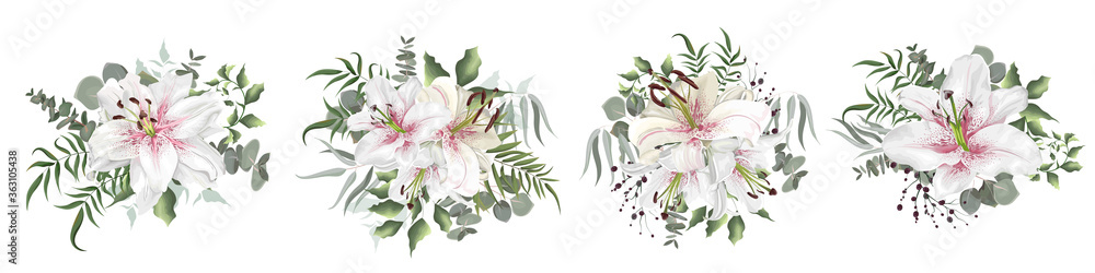 Vector flower set. White lilies with pink drops. Different plants and leaves, eucalyptus, berries. Flowers on a white background.