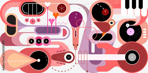 Abstract music background. Flat design of various musical instruments and singing bird, vector illustration. Acoustic guitar, saxophones, piano keys, trumpets, microphone and gramophone.