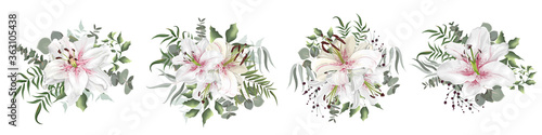 Vector flower set. White lilies with pink drops. Different plants and leaves, eucalyptus, berries. Flowers on a white background.