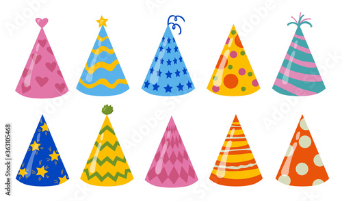 Birthday hats set. Colorful party caps for holiday, festive paper cones for celebration. Vector illustration for anniversary, party surprise, special date, having fun topics