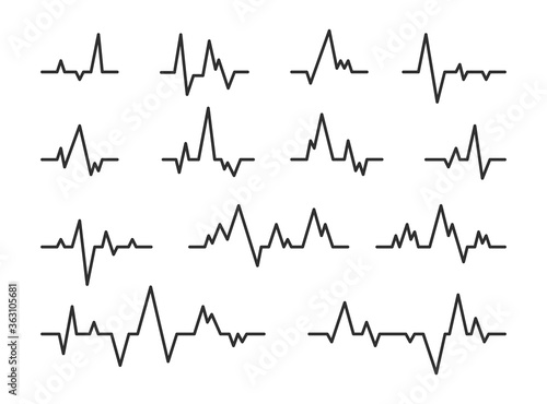 Heart beat diagram lines set. Pulse rate monitor, seismic waves during earthquake, ekg graph. Can be used for medical test, cardio monitor, cardiac rhythm concept