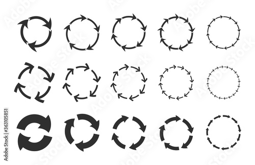 Recycling circular arrows set. Cycling circles, reload symbols, graphic monochrome round loop shapes. Vector illustrations for rotation, loading concepts