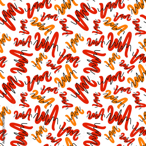 Seamless vector pattern. Red, yellow and black hand drawn waved lines. Bright and positive pattern. Cartoon-like elements.