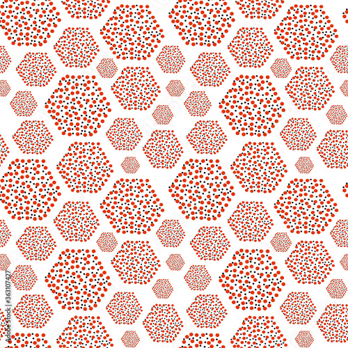 Seamless vector pattern. Black and red dots. Hexagon pattern. Elegant and interesting composition. Bright and positive pattern.