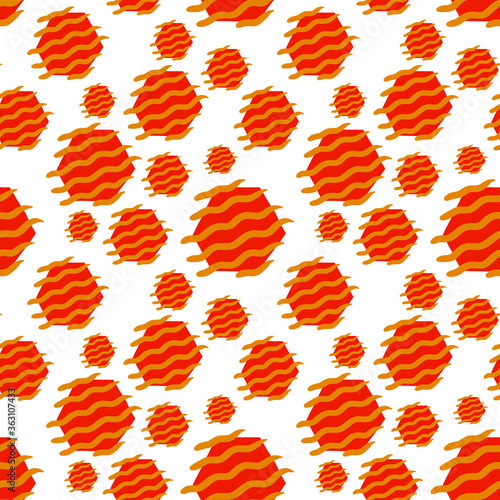 Seamless vector pattern. Hexagon pattern. Red and yellow colors. Decorative yellow waves. Cartoon-like elements. Bright and positive pattern.