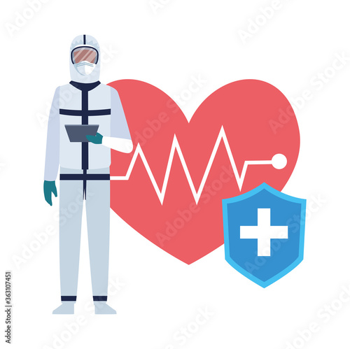 professional doctor wearing biosafety suit with heart cardio