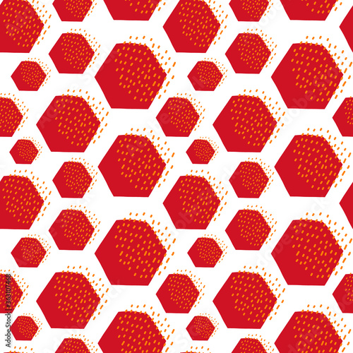 Seamless vector pattern. Hexagon pattern. Red and yellow colors. Cartoon-like elements. Bright and positive pattern.