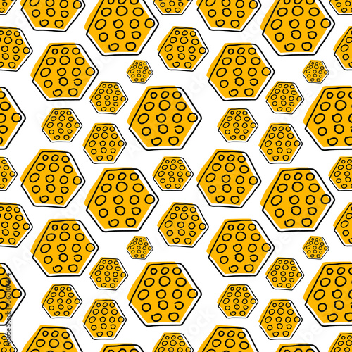 Seamless vector pattern. Hexagon hand drawn pattern. Cartoon-like elements. Bright and positive.