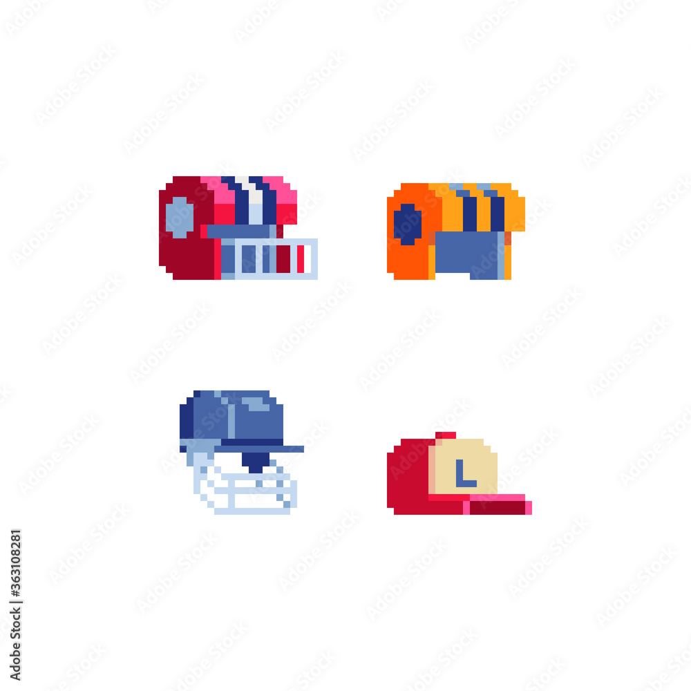 Pixel art hats icon set. Sports helmet and baseball cap. Isolated ...