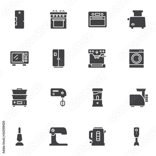 Kitchen appliances vector icons set, modern solid symbol collection, household equipment filled style pictogram pack. Signs, logo illustration. Set includes icons as electric stove, fridge, microwave