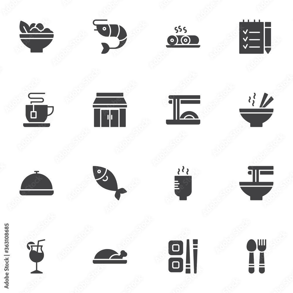 Asian food restaurant vector icons set, modern solid symbol collection, filled style pictogram pack. Signs, logo illustration. Set includes icons as peking duck, sushi roll, noodles, fish seafood Asian food restaurant vector icons set, modern solid symbol collection, filled style pictogram pack. Signs, logo illustration. Set includes icons as peking duck, sushi roll, noodles, fish seafood