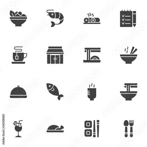 Asian food restaurant vector icons set, modern solid symbol collection, filled style pictogram pack. Signs, logo illustration. Set includes icons as peking duck, sushi roll, noodles, fish seafood