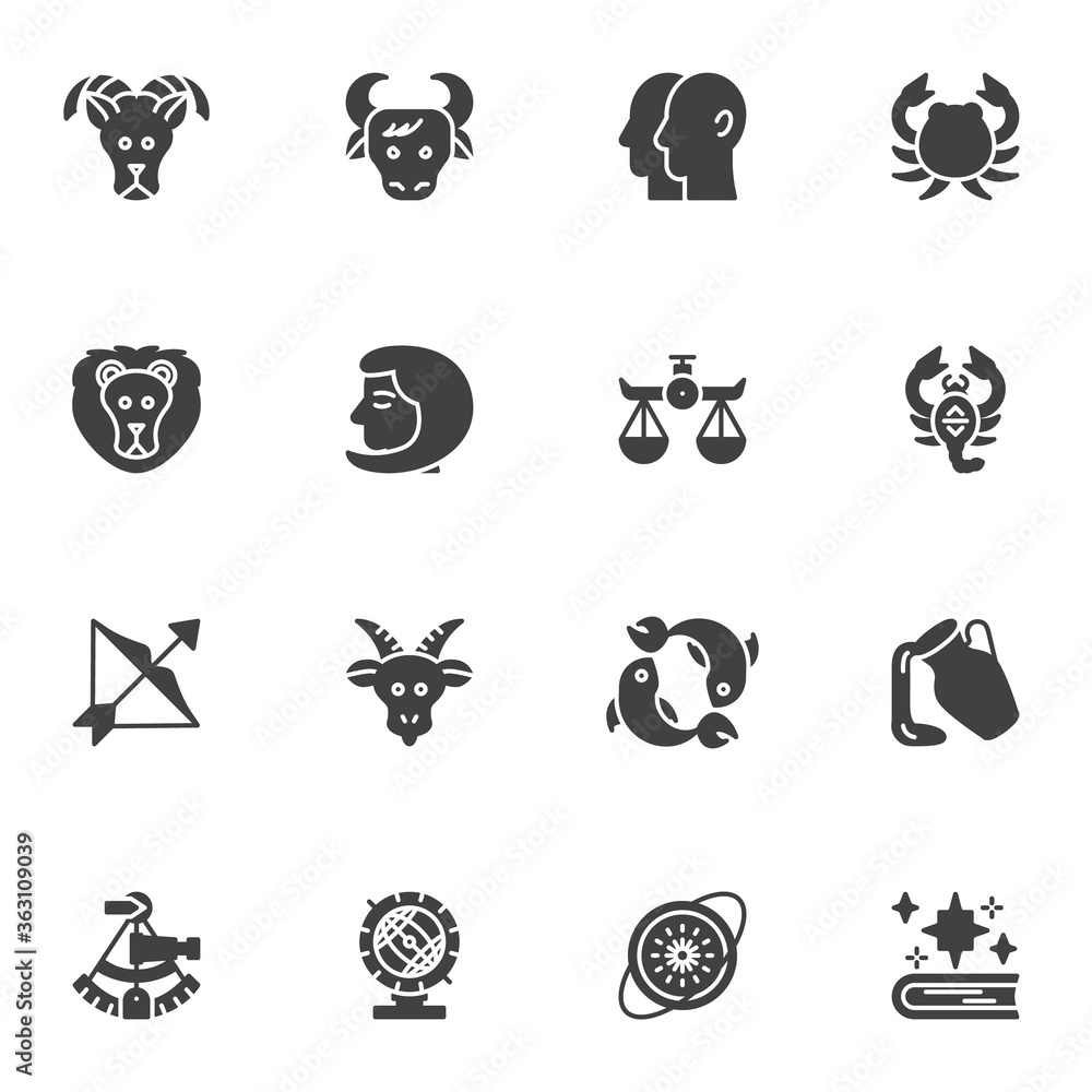 Astrology signs vector icons set, Zodiac horoscope modern solid symbol collection, filled style pictogram pack. Signs logo illustration. Set includes icons as Aries, Taurus, Gemini, Cancer, Virgo, Leo Astrology signs vector icons set, Zodiac horoscope modern solid symbol collection, filled style pictogram pack. Signs logo illustration. Set includes icons as Aries, Taurus, Gemini, Cancer, Virgo, Leo
