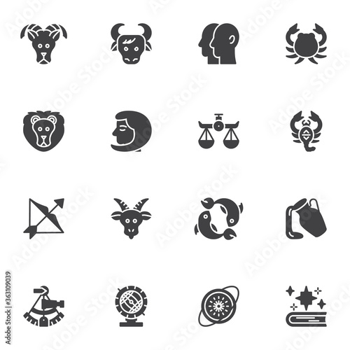 Astrology signs vector icons set, Zodiac horoscope modern solid symbol collection, filled style pictogram pack. Signs logo illustration. Set includes icons as Aries, Taurus, Gemini, Cancer, Virgo, Leo