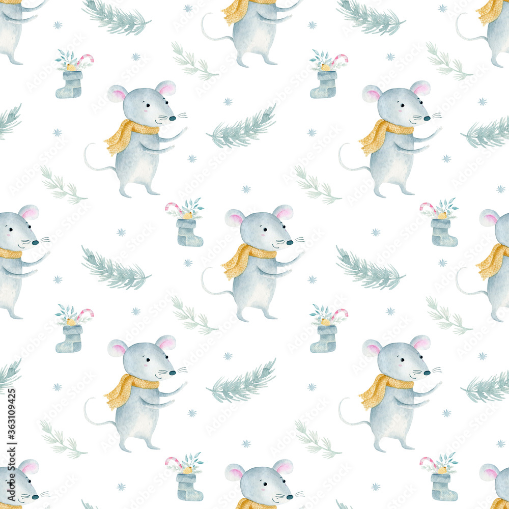 Watercolor seamless pattern with Cute cartoon christmas rat mouse. Watercolor hand drawn animal illustration. New Year 2020 holiday drawing