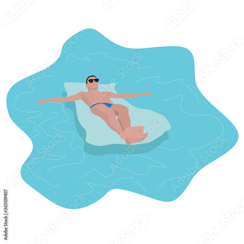 vector illustration isolated on white background man swims on an inflatable mattress in the pool / sea