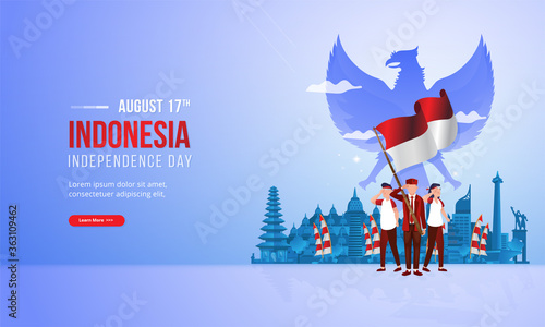 The spirit of youth patriotism with red and white flag on illustration concept for Indonesia independence day greeting card