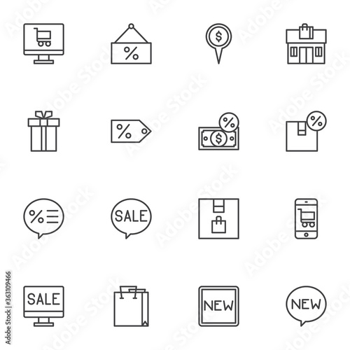 Black friday sale line icons set, outline vector symbol collection, linear style pictogram pack. Signs, logo illustration. Set includes icons as percentage discount label, price tag, shopping bag