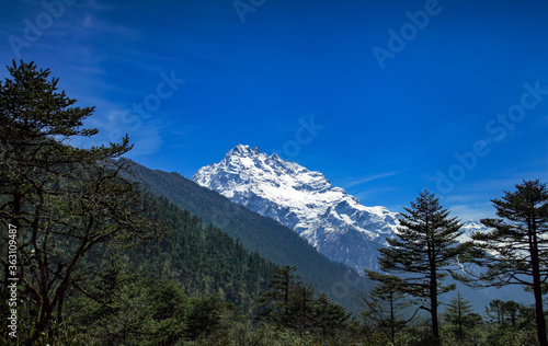 Beautiful scenic image of the Himalayan range as seen from Yumthang valley in Sikkim, India