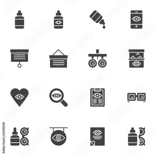 Optometry, ophthalmology vector icons set, modern solid symbol collection, filled style pictogram pack. Signs, logo illustration. Set includes icons as vision correction glasses, eye test diagnosis