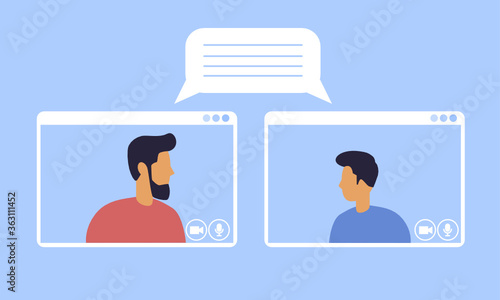Two man are video calling on distance. Vector Illustration.