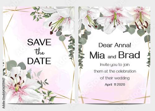Vector template for a wedding invitation. Floral wedding design. Royal white and pink lilies, eucalyptus leaves. Marble background, golden polygonal frame.