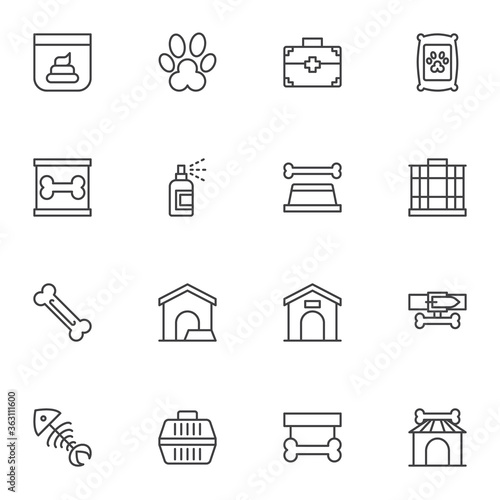 Pet shop line icons set, outline vector symbol collection, linear style pictogram pack. Signs, logo illustration. Set includes icons as animal carrier, pets paw, bird cage, dog house, vet kit, poo bag